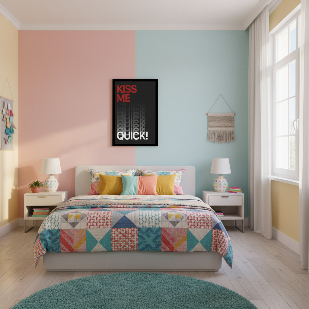 Bright bedroom mockup with smaller KISS ME QUICK print