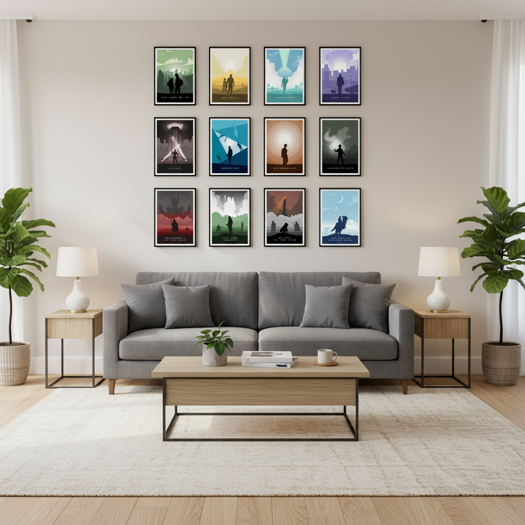 Centered living room mockup with movie poster prints