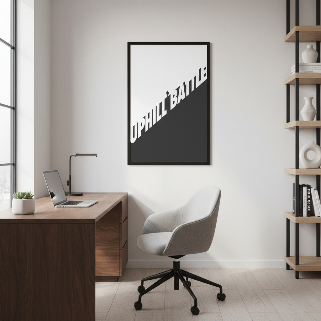 Home office mockup with UPHILL BATTLE print