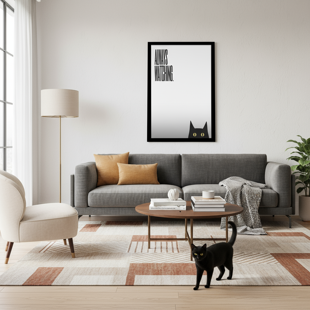 Living room mockup with Always Watching print and cat