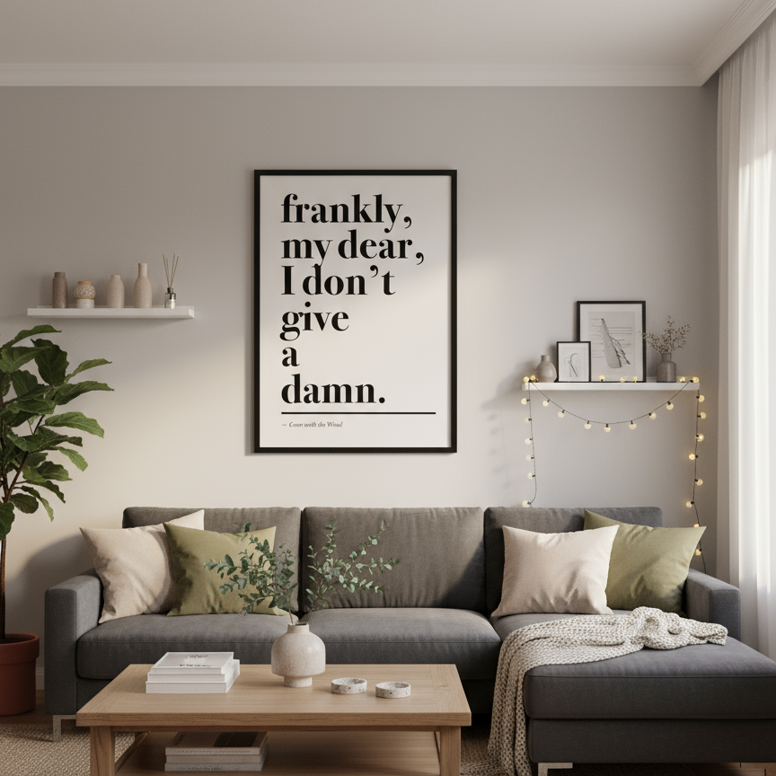 Living room mockup with Gone with the Wind quote print in black frame