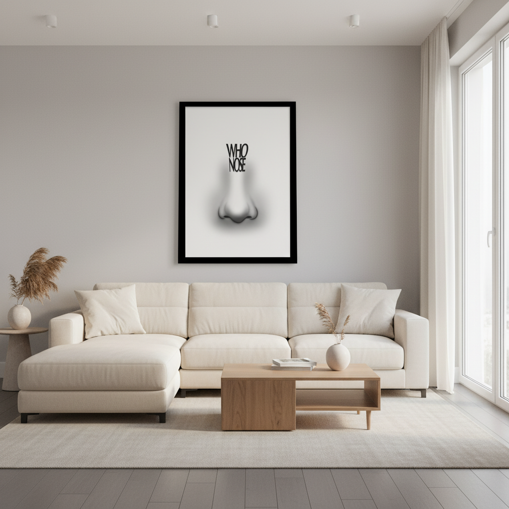 Living room mockup with smaller WHO NOSE print